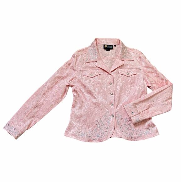 Christine Alexander Textured Embellished Rhinestones Pink Denim Jacket Old Money - Picture 2 of 7